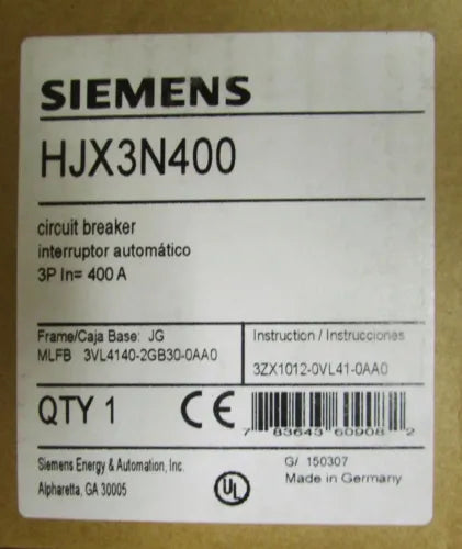Siemens HJX3N400 3 Pole 400 Amp HJGA Frame JG Breaker