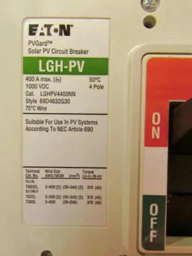Eaton LGH-PV Solar PV Circuit Breaker 4 Pole 400 Amp LGHPV4400FFW
