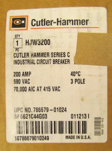 Cutler Hammer Type HJW Circuit Breaker 3 Pole 160-200 Amp HJW3200