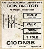 Eaton Cutler Hammer C10DN3B 3 Pole 240 VAC C10DN3 Size 2 Contactor Citation