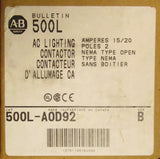 Allen Bradley AC Lighting Contactor 110/120V 2 Pole 15-20 Amp 500L A0D92